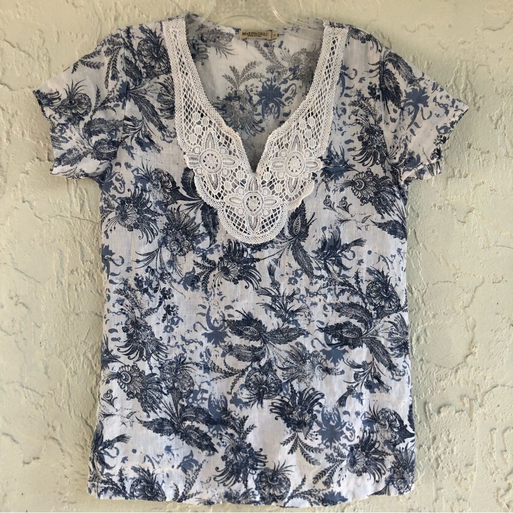 MARINA GIGLI Linen‎ Floral Embroidered Short Sleeve Top Size Small Italy Boxy
